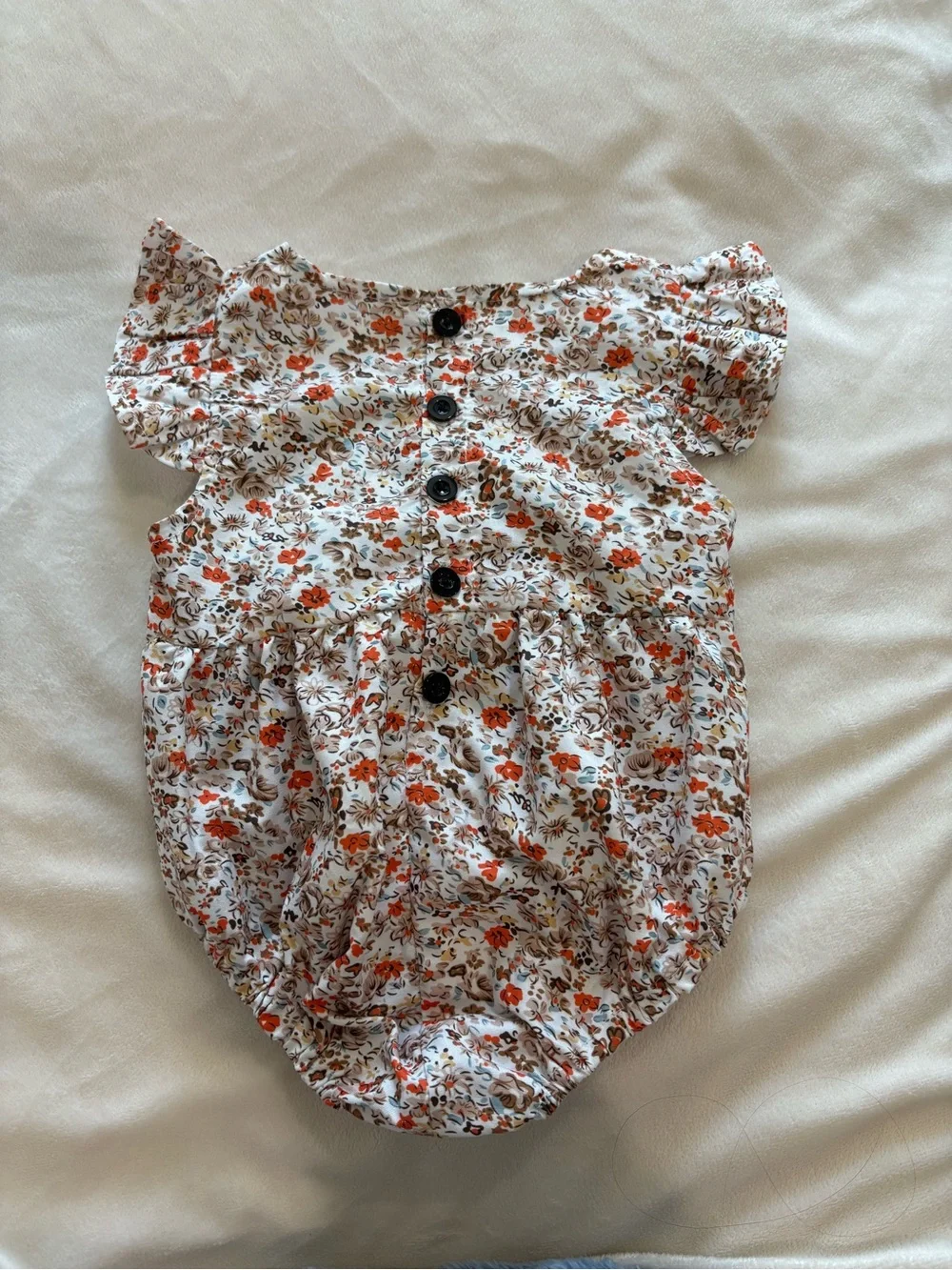 Baby Floral Flutter-Sleeve One-Piece Bodysuit - White with Orange Floral